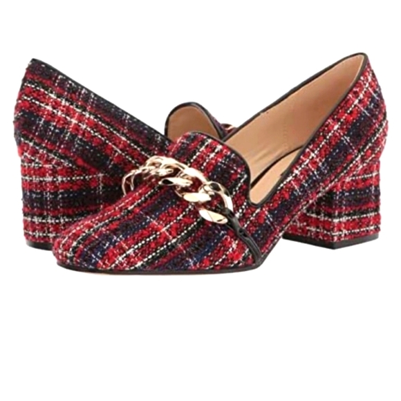 Nine West Red Plaid Slip-on Block Heel Loafers Shoes Size 8 - Picture 1 of 11